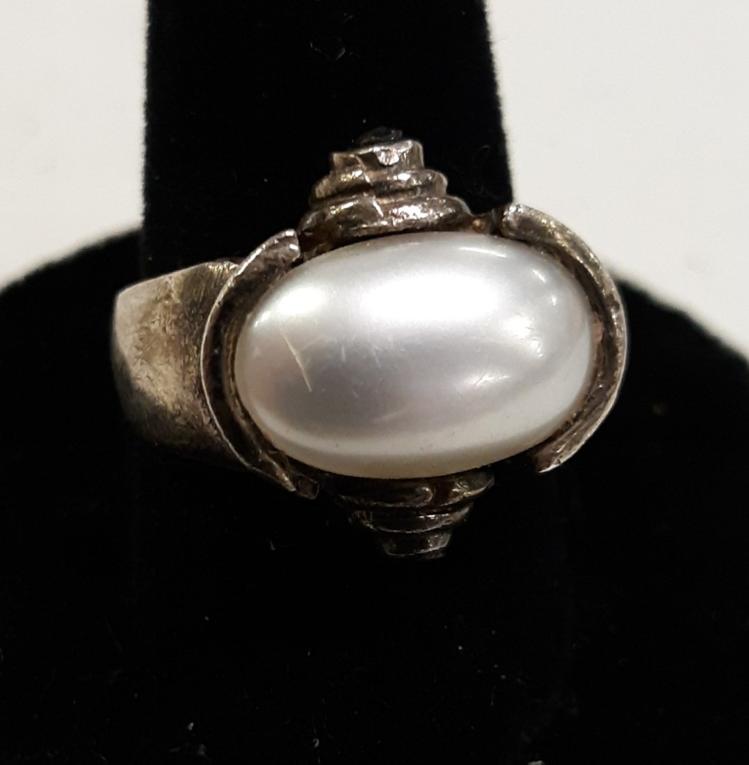 estate sterling ring w/pearl & jet sz 6 (1 of 3)