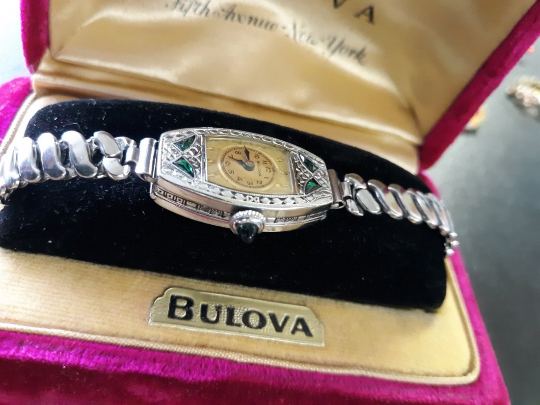 Bulova 1925 Emerald Ladies Watch Art Deco Miss America: gorgeous 1925 art deco bulova emerald ladies watch finely engraved case GF? with 4 fancy cut emeralds and emerald cabochon crown working! movement 6AF serial 178474 WITH Period Bulova Fifth Ave New Yo