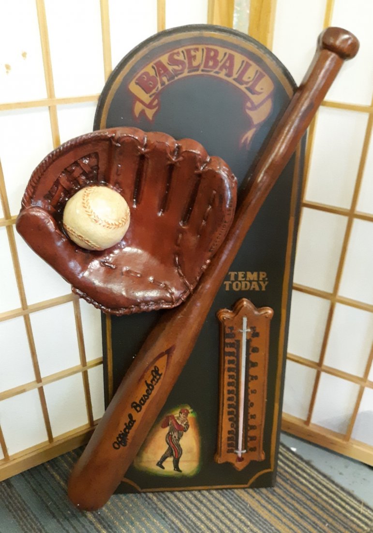 antique style baseball bat & glove w/thermometer wall: nice art wall piece baseball theme w/working thermometer 24 1/2" tall 13" widest point see pics