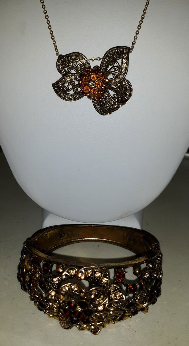 estate clamper Bracelet and Necklace Vintage: from estate nice clamper bracelet and necklace cognac and champagne stones 17 1/2" chain very pretty