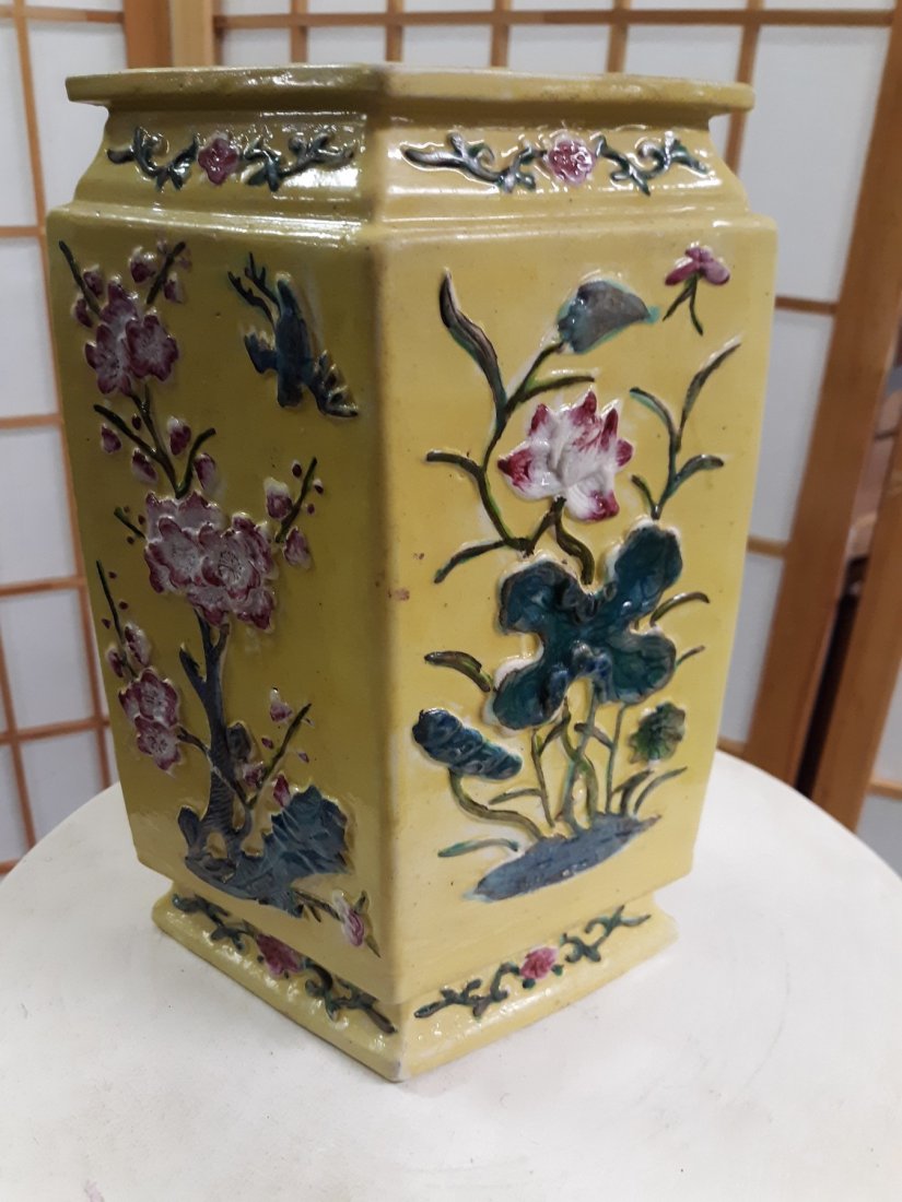 antique diamond pottery vase Asian Japanese: from estate collector very unusual form 4 sided diamond yellows ground with decoration hand painted 8 7/8" tall 6 3/8" widest point teeny base chip see pics