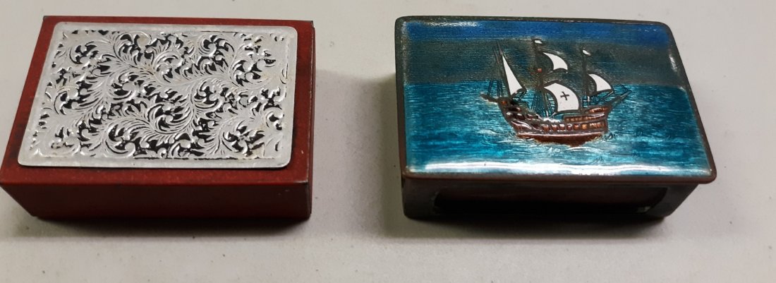 vtg enamel Vikings ship matchholder & personal ash tray: 3 great vintage collectible 50's era enamel matchbox holder of Viking ships and personal ashtray both for 1 bid! see pics