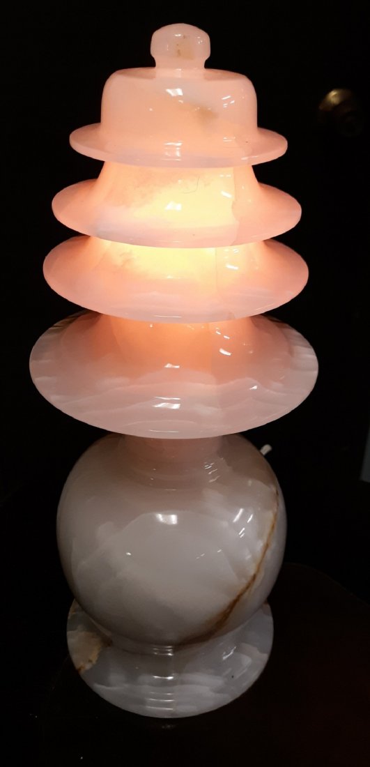 Gorgeous solid alabaster Temple lamp 12": beautiful estate alabaster temple night light lamp gorgeous coloration has 2 bulbs lower bulb needs replaces no major flaws noted see pic 12" tall 5" wide