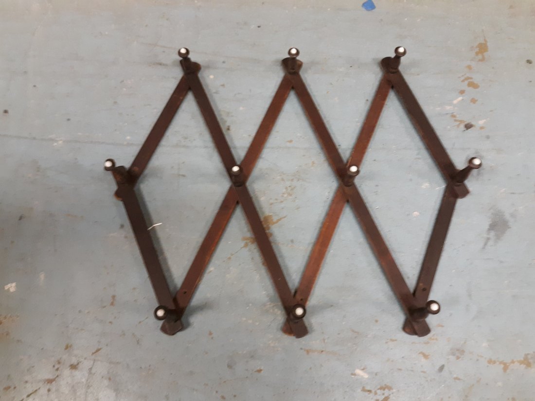 antique coat rack w/porcelain Knobs 4' wide Open: from estate nice antique cat and hat rack wood expanding w/orig porcelain knobs! appx 4' wide open see pics