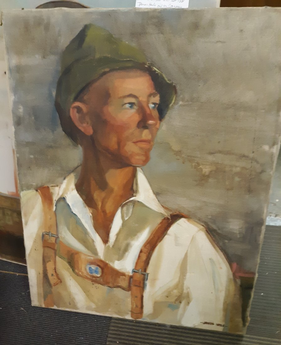 Mid Century James Hale OOC "German Man": nice 1960's James Hale oil on canvas of a German man very good overall with a tear in canvas some spotting see pics attrib. to Oron J Hale! 22" x 28" unframed see pics