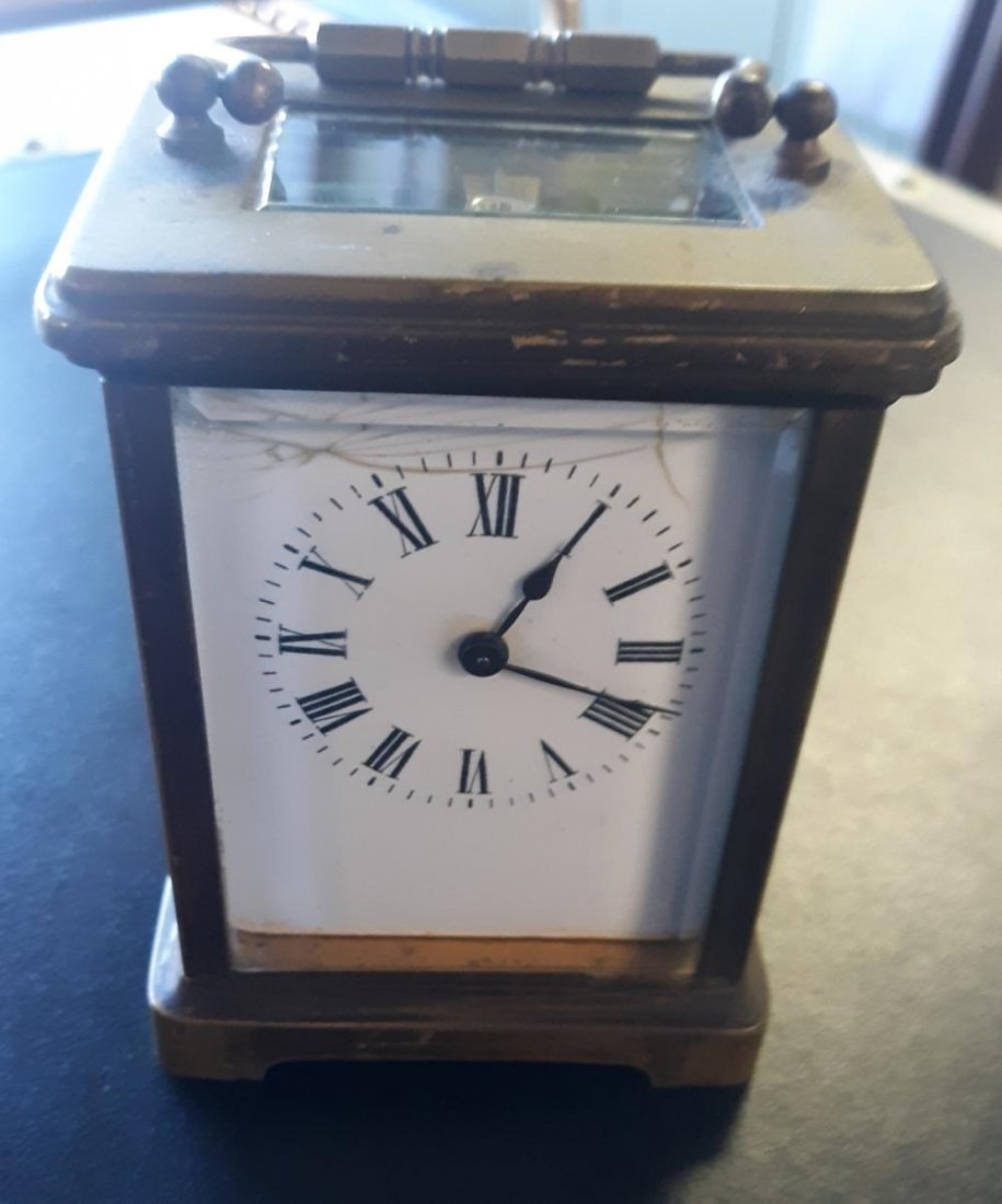 French Antique Bronze Carriage Clock 1884!: beautiful estate bronze French Time Carriage Clock key wind open top view escapement could be polished or leave this gorgeous patina crack in top of porcelain dial but works great, and looks good keep