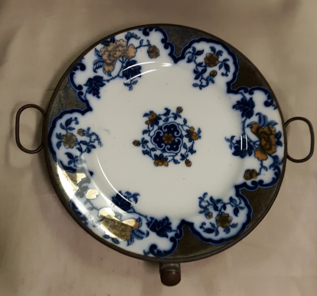Antique Flow Blue Hot Water Heated Plate, Metal Holder: Antique Flow Blue Hot Water Heated Plate, Metal Holder with spout cover, with two handles , plate has crazing age expected 9 1/2" widelooks good see pics