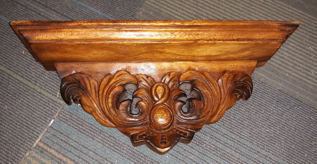 vintage teak wall shelf 19" long 4 1/2" deep: beautiful shelf in solid teak? nice carvings in exc condition 19" wide 4 1/2" see pics