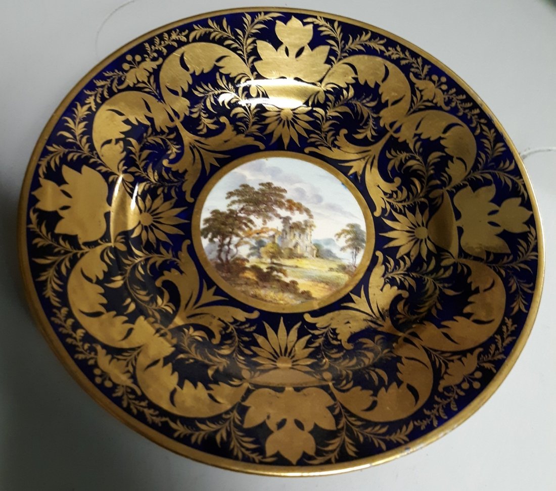 Early Derby Porcelain plate 18thC cobalt/gold hand deco: beautiful 18th c derby porcelain pate cobalt blue gold scrolls w/hand decorated center no chips view in Perth shire Scotland red marking estate item see pics