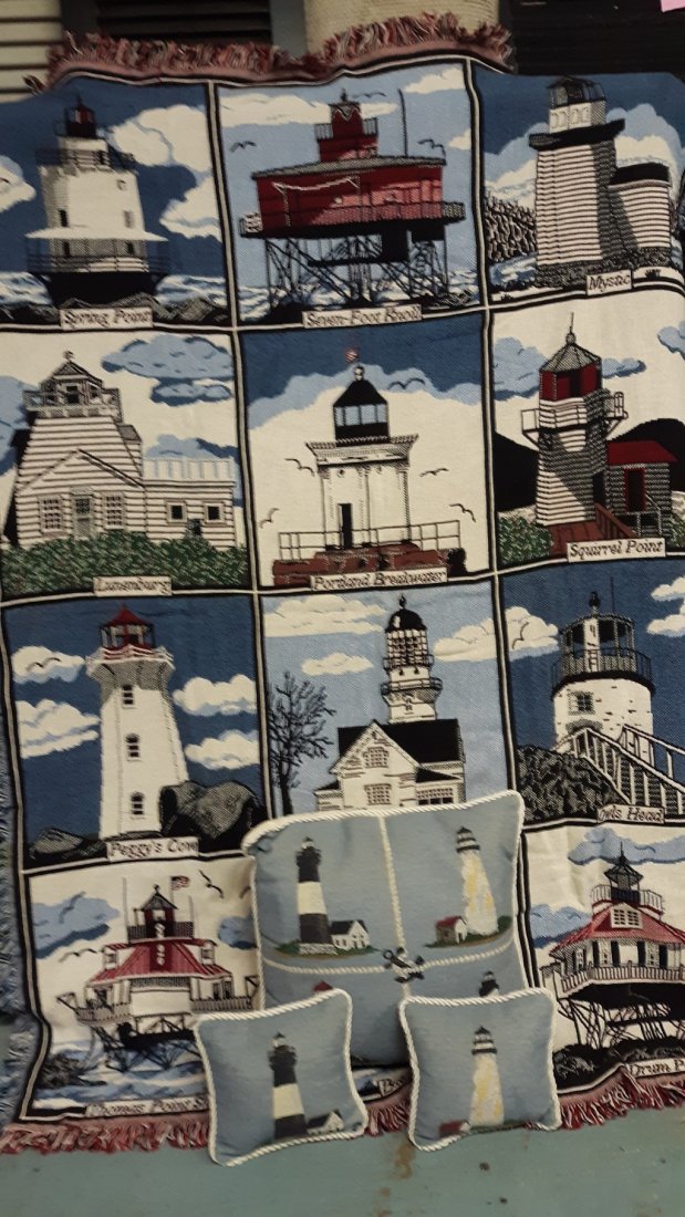 Lighthouses Throw Blanket & 3 pillows: estate items lighthouse throw blanket 5ft x 45" in good condition also included is three lighthouse pillows no damage see pics