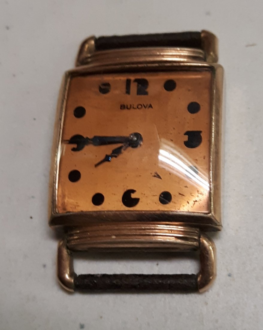 Art Deco copper face Bulova watch 15J 6AF Movement: great deco look watch needs crown, some case brassing but very pretty not tested since missing crown for stem #142749 6 AF 15J see pics
