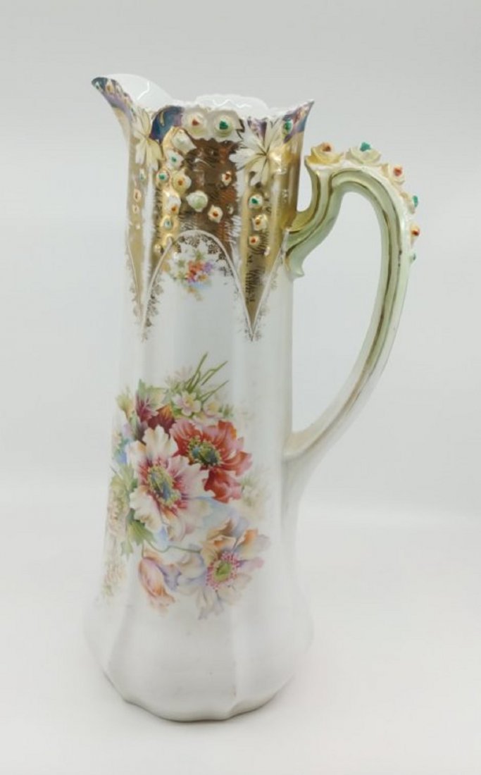 RSG Steeple Mark 14" Rosebud Mold Tankard w/floral & Go: R. S. Germany steeple mark 14" Rosebud Mold Tankard w/floral and gold what an amazing antique piece no cracks no chips . marked on the bottom some gilt loss the colors are vibrant from collector see p