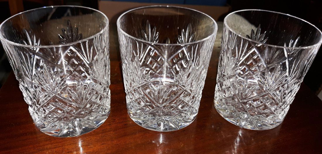 Galway Crystal Brandy? Glasses excellent! lot of 3: from estate signed galway no chips very light bottom wear 3 1/2" tall all 3 for one bid! I think these are called double old fashion see pics