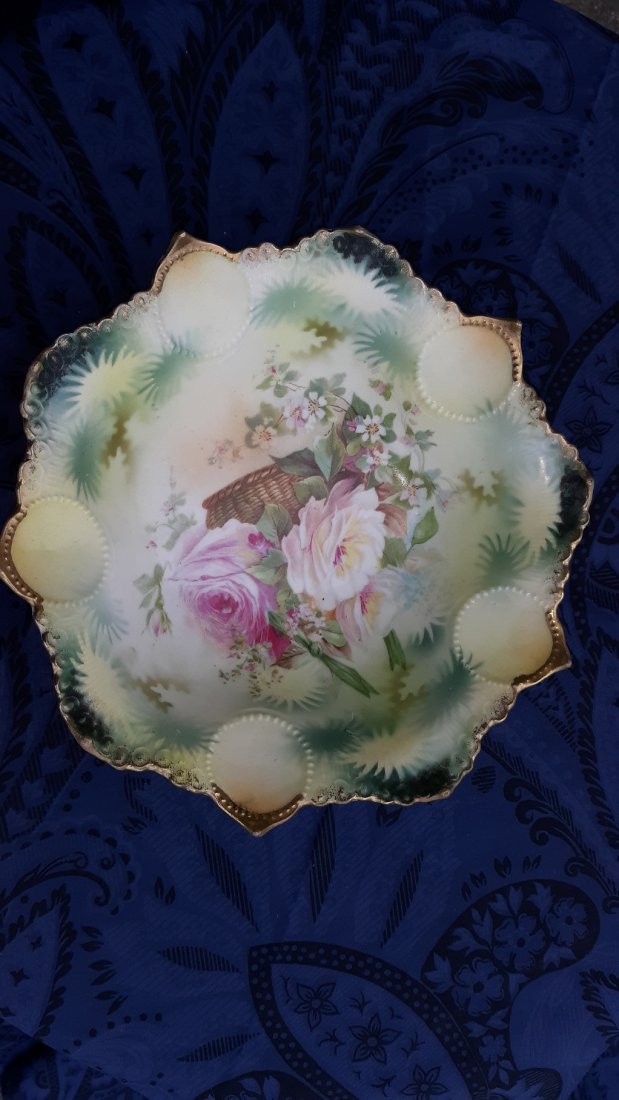 RS Prussia unmarked 7" 3 footed bowl w/basket of flower (1 of 3)