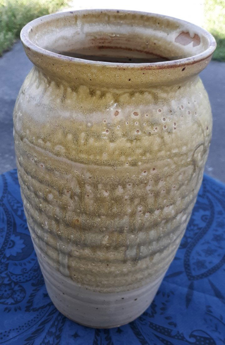 artist signed tobacco spit glaze pottery Jar 1991 11" (1 of 5)