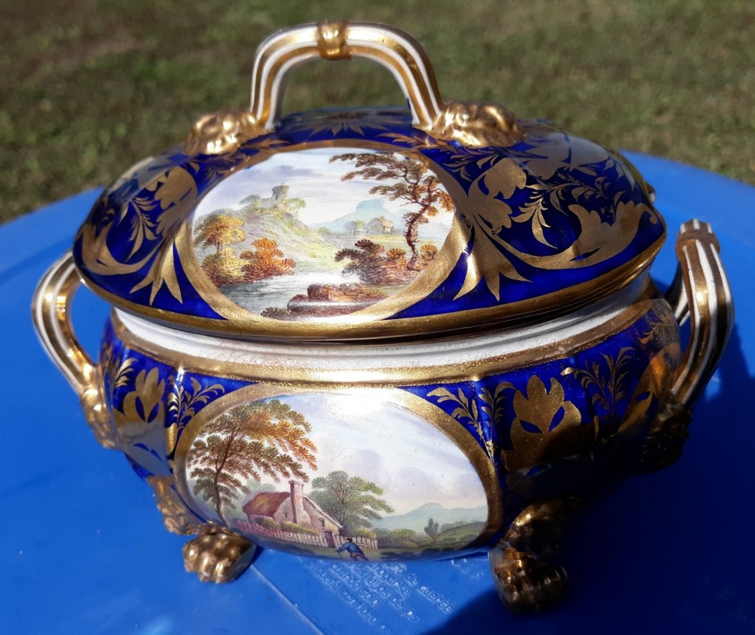 antique 1900's derby porcelain 5 1/4" dish w/lid: from estate 5 1/4" tall 6" long hand embellished scene entitled view in Switzerland blue and gold and near bred sail Derbyshire great condition small interior line, looks like orig firing line? no oth