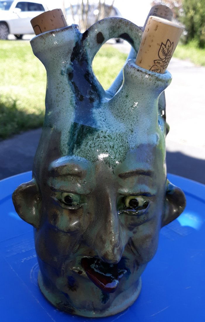 Tim Whitten Trio Spout Pottery face jug green 9" (1 of 4)