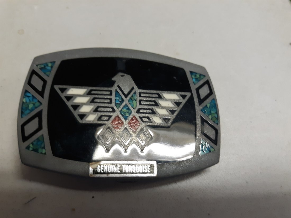 Vintage turquoise Belt Buckle beautiful!: made in 1984 new old stock by AJM 3" x 2" genuine turquoise and red coral Albuquerque! original label see pics