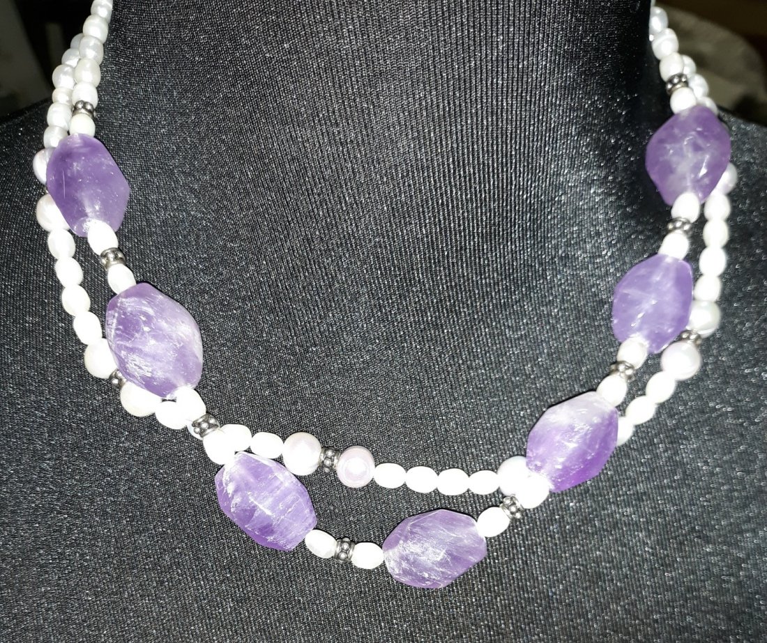 Pearl & Amethyst Necklace monumental!: gorgeous estate necklace baroque pearls sterling collar and clasp, appx 20+ carats of polished amethysts adjustable 17" -19 1/2" stunning designer piece in exc conditon each stone is 3/4 x 5/8" appx s