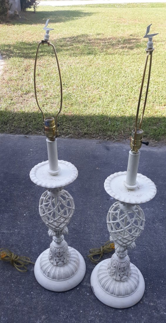 large indoor/ outdoor metal? patio lamps 30" tall 2xbid: from estate pair of lamps hefty weight iron and composite base 30" tall with out harp 38" to top of harp. looks to have a hand done faux finish 2 times your bid please note: 2 time your bid definitely