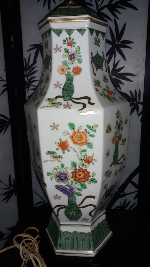 Hand Painted 6 Sided Porcelain Oriental Table Lamp (1 of 4)