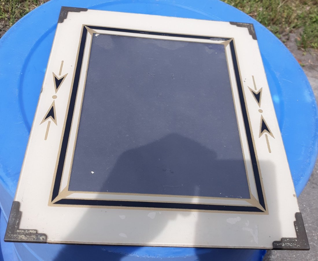 Art Deco rare Glass Picture Frame stand or hang!: very rarely seen art deco pattern frame can hang on wall or stand up some minor loss but still gorgeous 1 teeny edge chip noted 13" x 11" frame takes 8" x 10" photo see pics