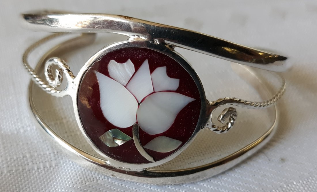 Mexico Silver Vintage Estate Bracelet cuff: beautiful estate cuff bracelet marked Mexico. Sterling? Burgundy background inlaid MOP just gorgeous see pics