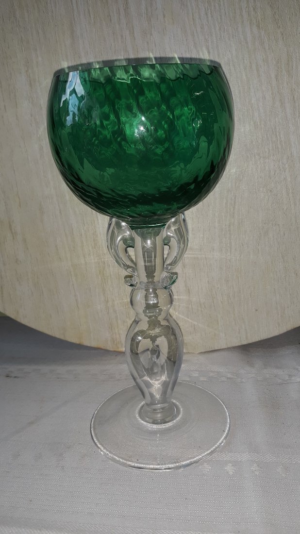 Milan Mottl Art Glass Figural Green Glass Wine Goblet: Milan Mottl Art Glass Figural Green Glass Wine Goblet, Bohemian Czech, no damage marked on bottom Mottl about 9 1/2" TALL 4" base see pics