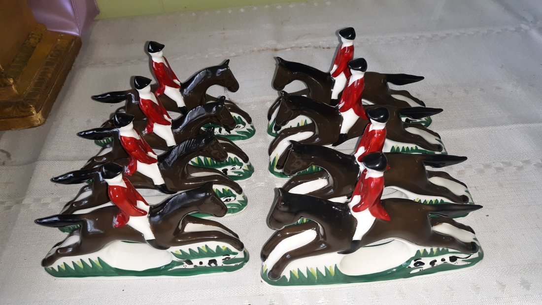 Vtg Pia Bone China Rider Equestrian Napkin Rings 8pcs: Vintage 1986 Pia Bone China Horse Rider Steeplechase Equestrian Napkin Rings lot of 8 no breaks in good condition 6" tall x 4" wide. see pics all 8 for one bid.