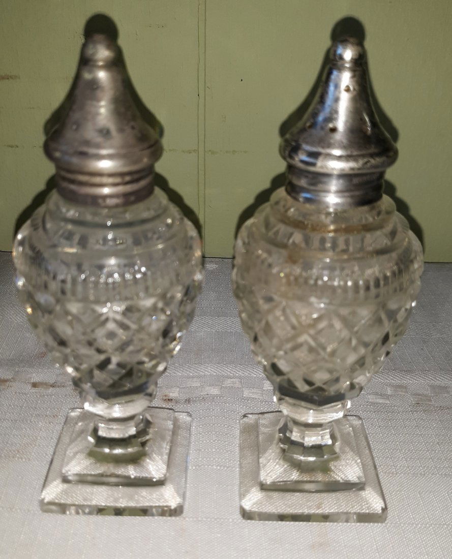 antique sterling & crystal salt/pepper shakers 5" (1 of 3)