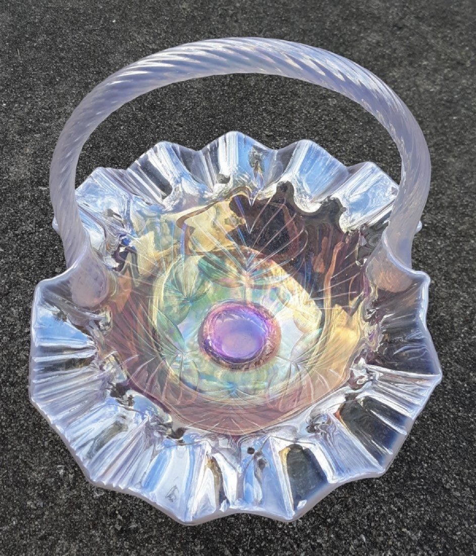 fenton pink opalescent carnival glass basket: estate glass basket by fenton pink opal and carnival exc cond. 9 1/2" wide x 11" tall appx no damage see pics