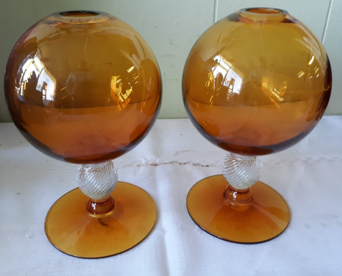rare pr of Amber & Clear hand blown vases 7" victorian? (1 of 4)
