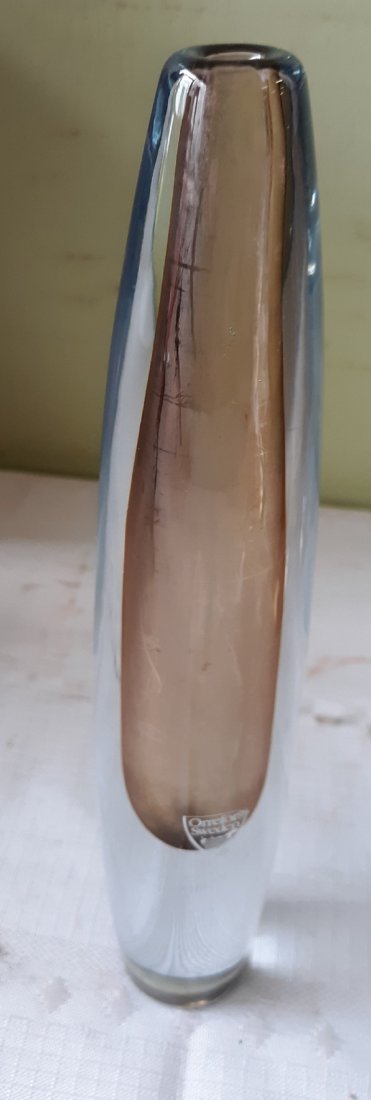 orrefors sweden art glass bud vase 8": beautiful art glass paper weight base bud vase w/original sticker no damage does need cleaning inside 8" tall see pics from estate