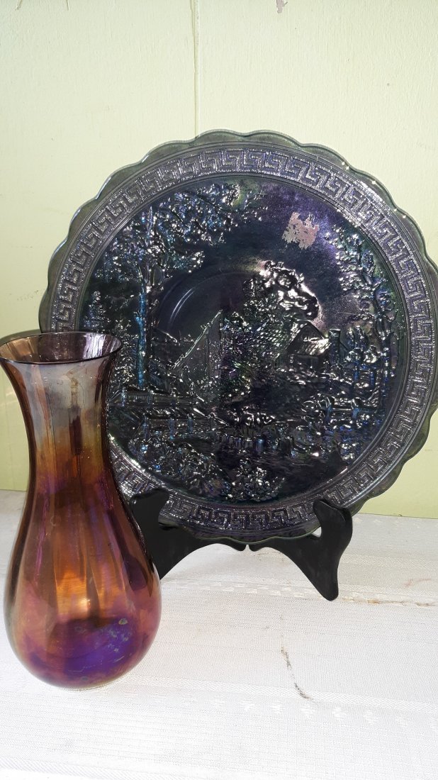 Carnival Glass Imperial Windmill amethyst Plate & Vase: Carnival Glass - Imperial marked - Windmill - amethyst Carnival charger Plate 10 1/2" and 7 1/2" iridescent amethyst vase not marked both for one bid! no damage see pics