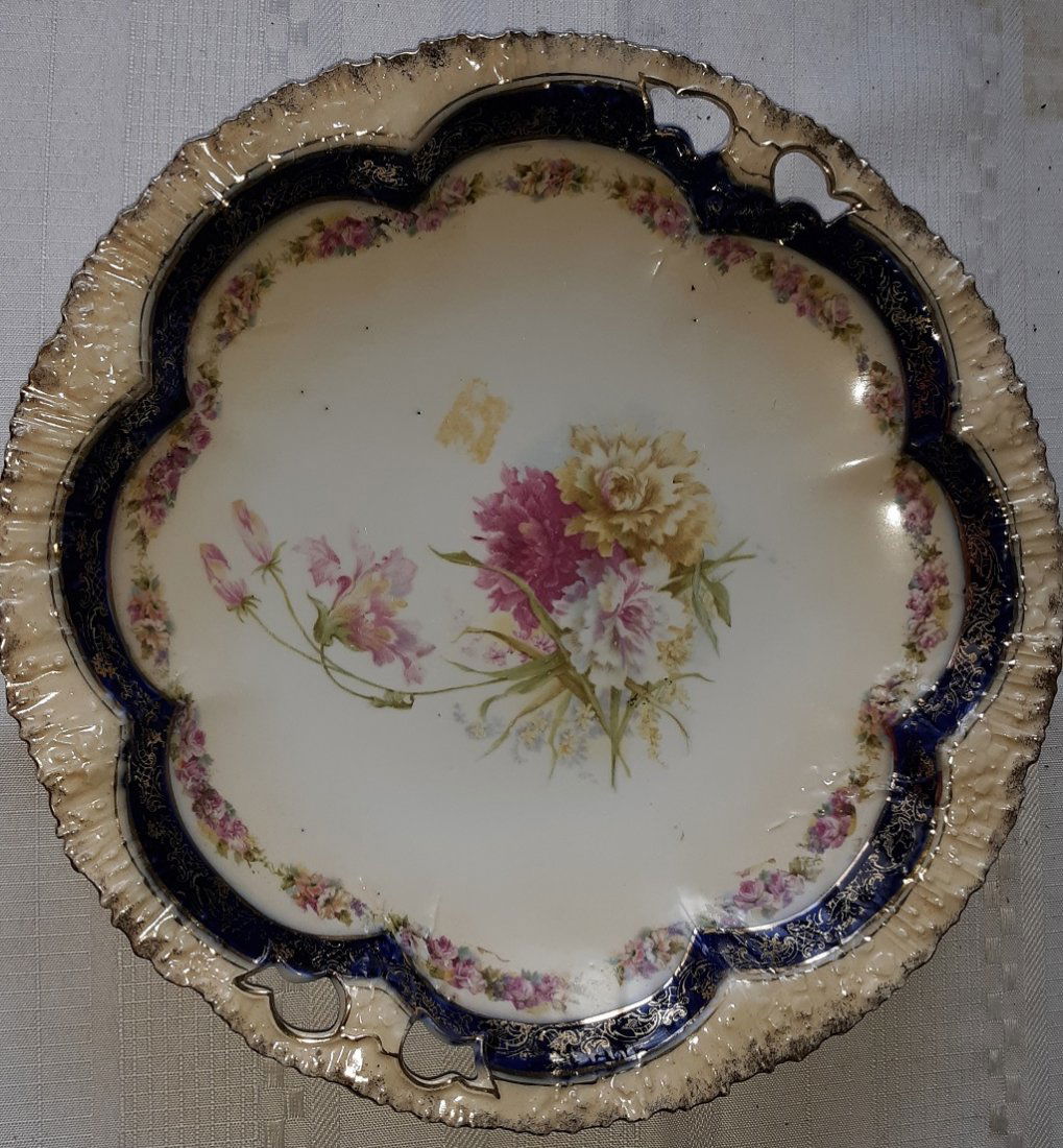RSP UM 10.75" open handled cobalt cake plate w/flowers (1 of 3)