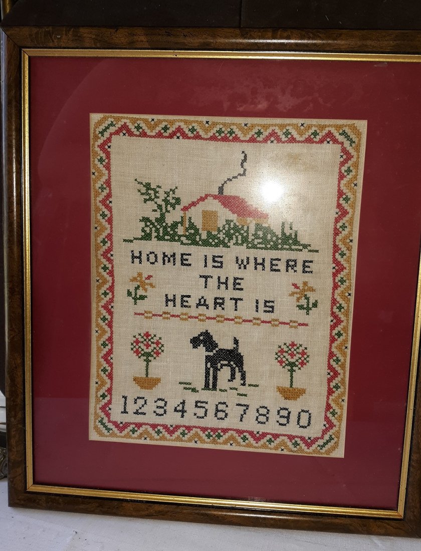 Vintage Cross Stitch finished and framed Beautiful!: Vintage Cross Stitch finished and framed Beautiful! Home is where the heart is with a dog, hose potted flowers and numbers, very nicely framed 15 1/2" x 18" framed size see pics