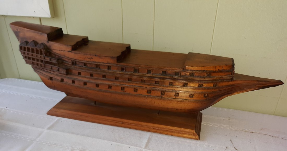 antique Wood Hand Made Pirate ship? Asian?: from the estate appears to be hand made has upper panel removable for stash? safe def lots of age on this one! 29" long 10" tall see pics
