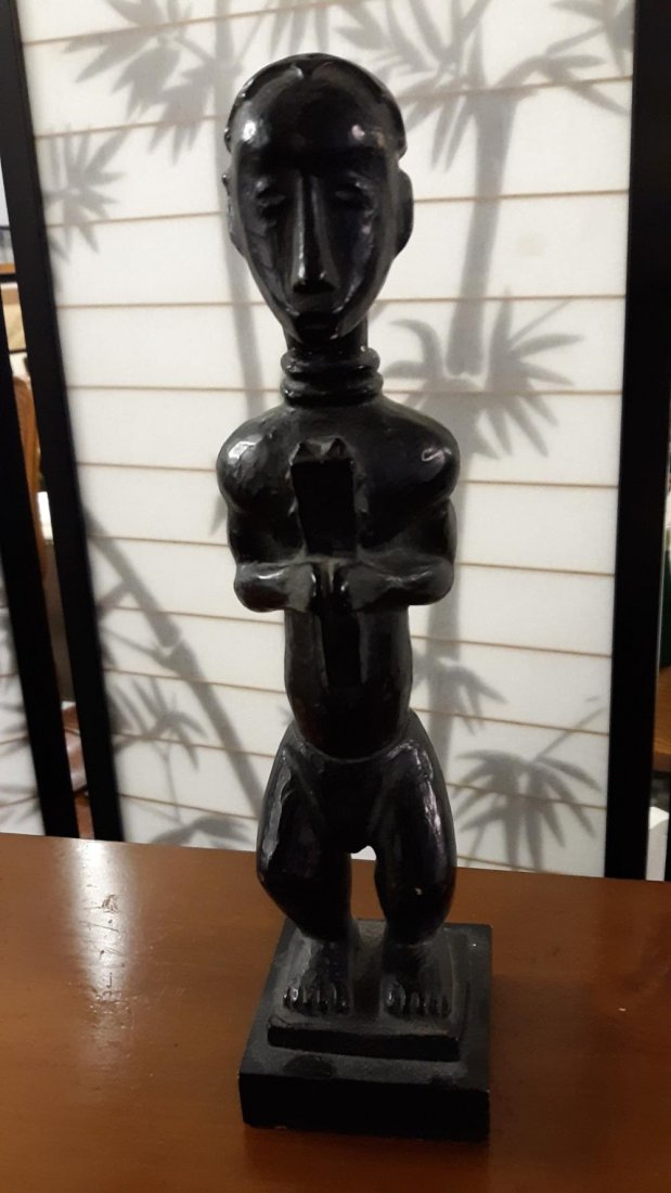 Rare Original Figure statue artist Marie Cosindas: A Rare Original Terracotta Sculpture With Black Patina Depicting a Tribal Figure, c. mid century. signed Cosindas on base Marie Cosindas, 1923 - 2017 it has been repaired at neck seen in pics otherwis