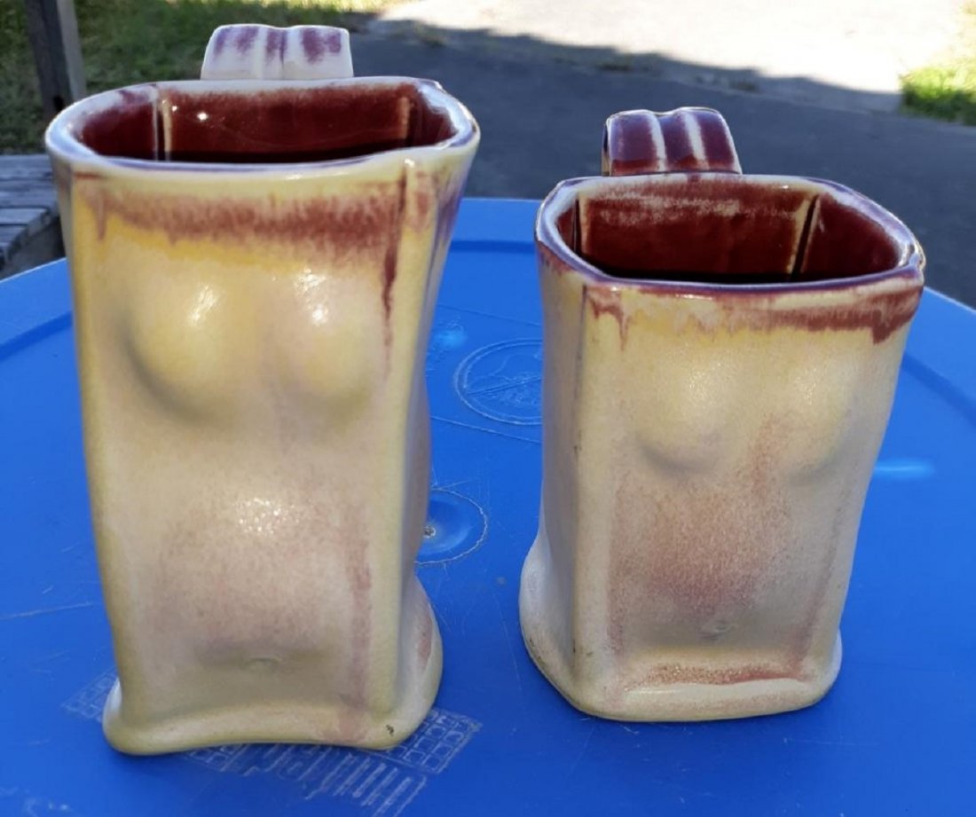 Pottery Mugs Lot Of 2 signed Herzog: both nice as made check out the pics both for one bid! 4 3/4" & 4"