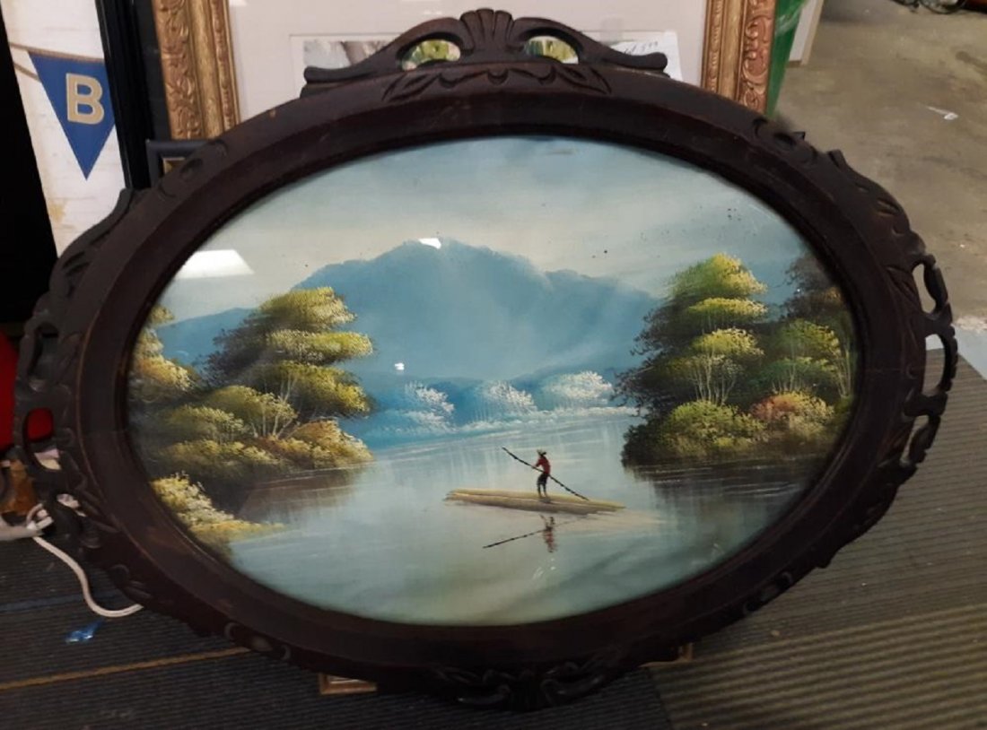 Oil On Canvas Asian Scene 1800'S antique oval: estate great 1800's oil on canvas of Asian boat scene in incredible oval frame! just gorgeous frame is very nice too! 30 1/4" x 23" see pics
