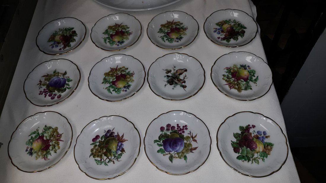 Limoges France Antique 12 Plates gold border fruit,bird: Limoges France china Antique 12 Plates gold border fruit, bird, veg all in very good condition! 5 3/4" all 12 for one bid just beautiful! see pics