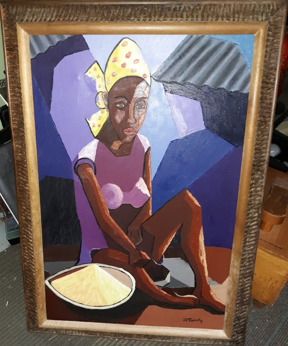 Oil on Canvas Haitian art signed Jean Pierre Theard: rare early example by jean Pierre theard of a Haitian woman in orig frame oil on canvas signed lower right 20" x 29" framed size see pics 197116" x 24 1/2" painting without the frame condition see pic
