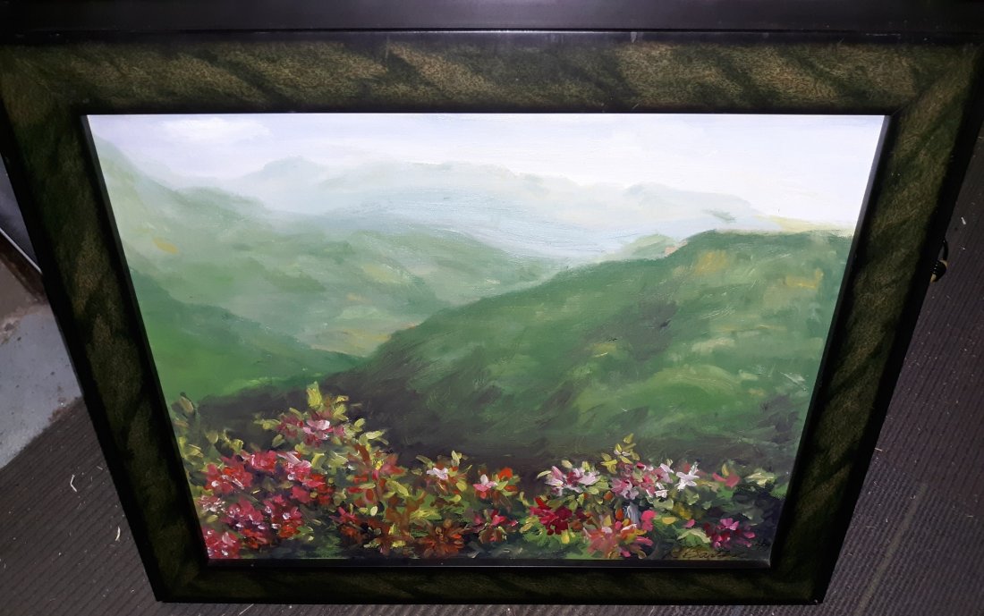 original oil on canvas NC MTN by R Barton: beautiful NC Mountain scene oil on canvas signed r Barton 09 24" x 21" framed size very good used condition see pics