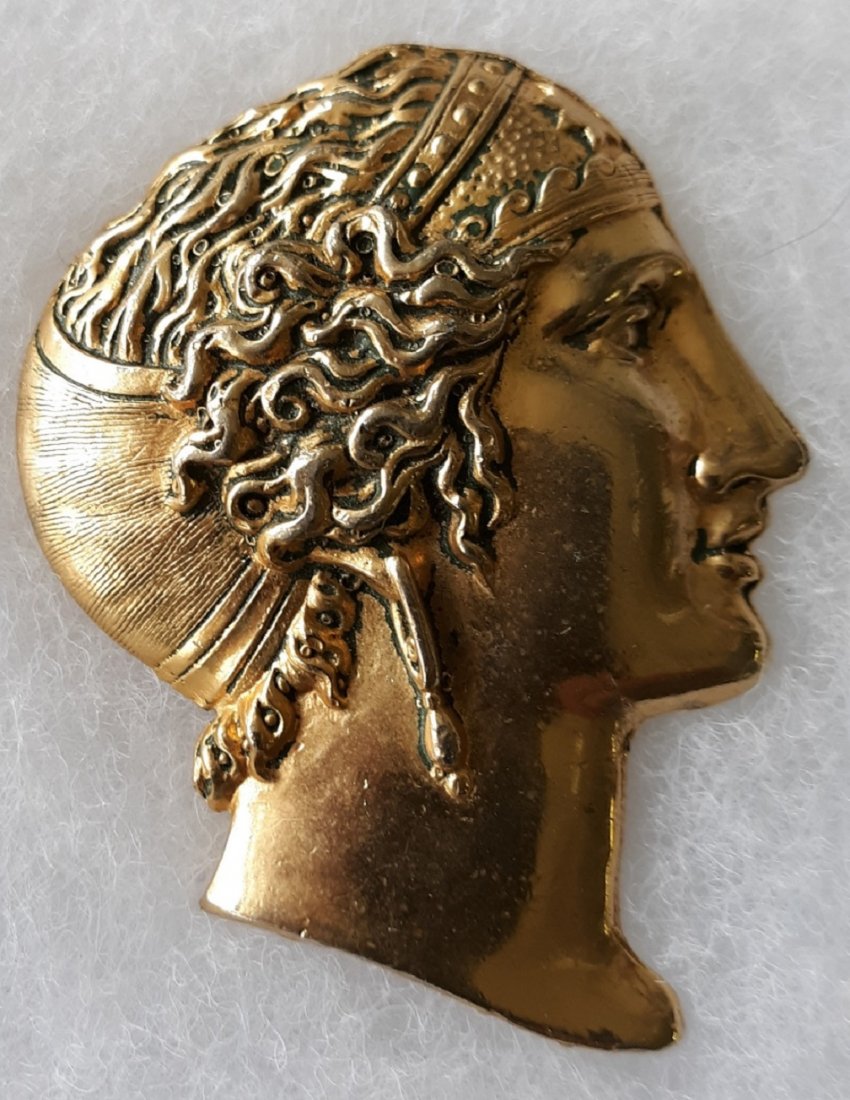 vintage greek goddess pin/brooch bronze?: beautiful sold brass or bronze? 2 3/4" x 2 1/4" in beautiful used conditon see pics
