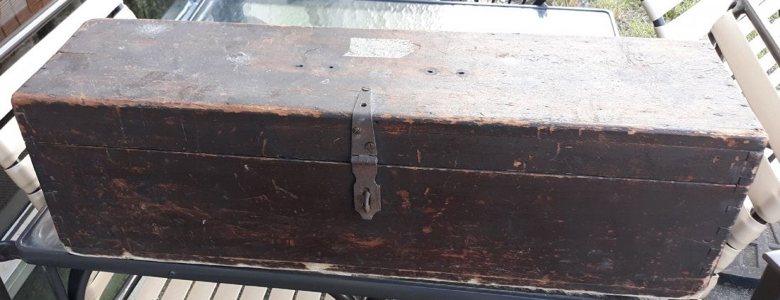 antique hand made wooden tool or gun box 33": all hand dovetailed hand forged and handles and hasp almost 3/4" thick wood check out the pics 10" tall 33" wide and 9 1/4" deep see pics