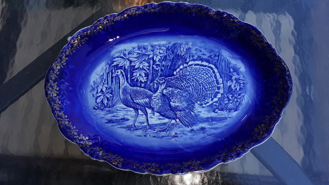 Antique Flow Blue Turkey Large Meat Platter with gold (1 of 4)