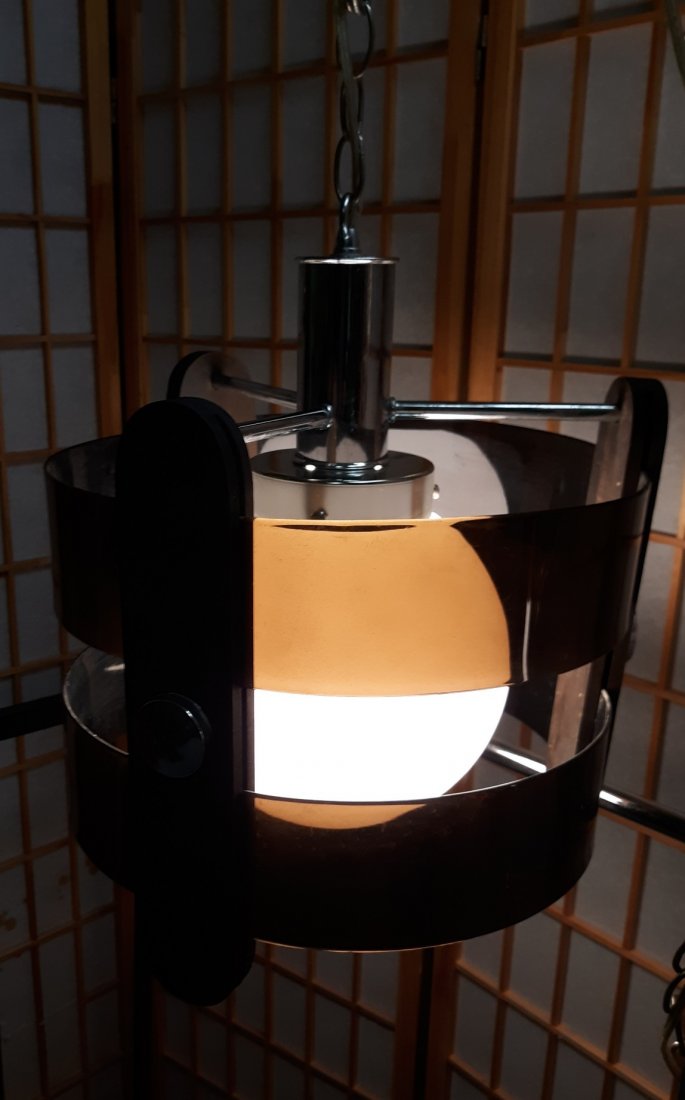 mid century smoked lucite hanging swag lamp nice: from estate nice smoked lucite and wood hanging lamp in great condition i do see a chip in the wood on the inside not noticeable displayed 16" tall 13" wide see pics