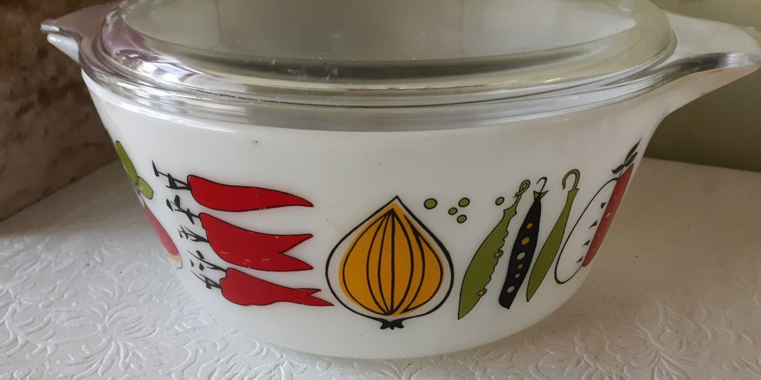 JAJ Pyrex harvest casserole dish with lid: rare english JAJ pyrex from england harvest pattern excellent bright colors see pics 8 3/4" wide without pouring lip see pics