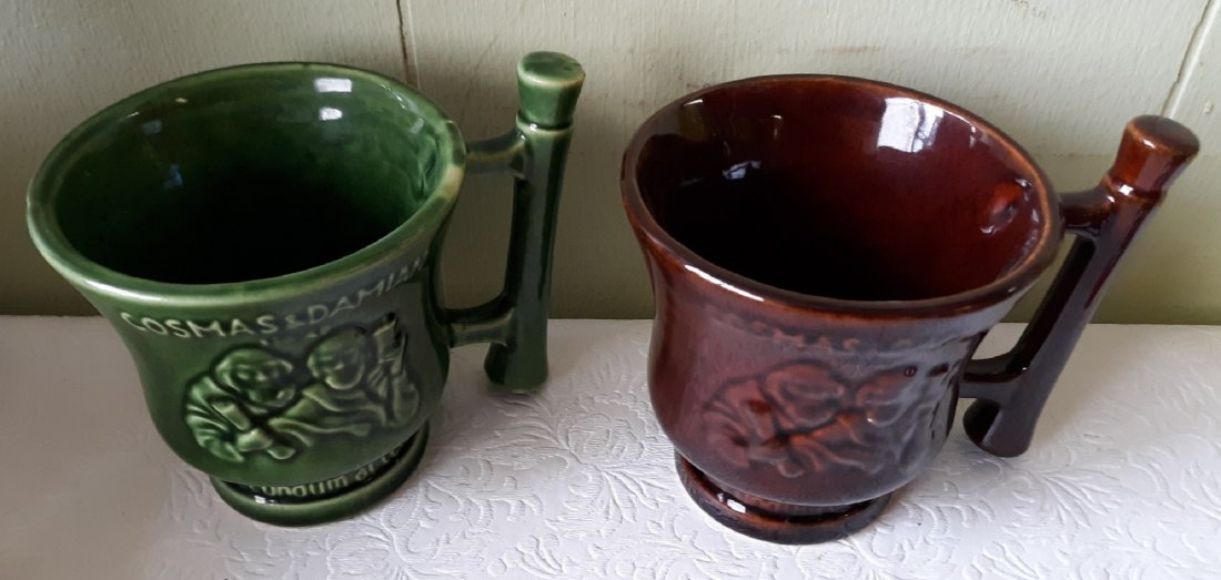 mid century schering mccy rx doctor coffee mugs: pair of mugs from the estate RX doctor pharmacist, coricidin 4" tall no damage 1 is green and 1 is brown see pics both for one bid!