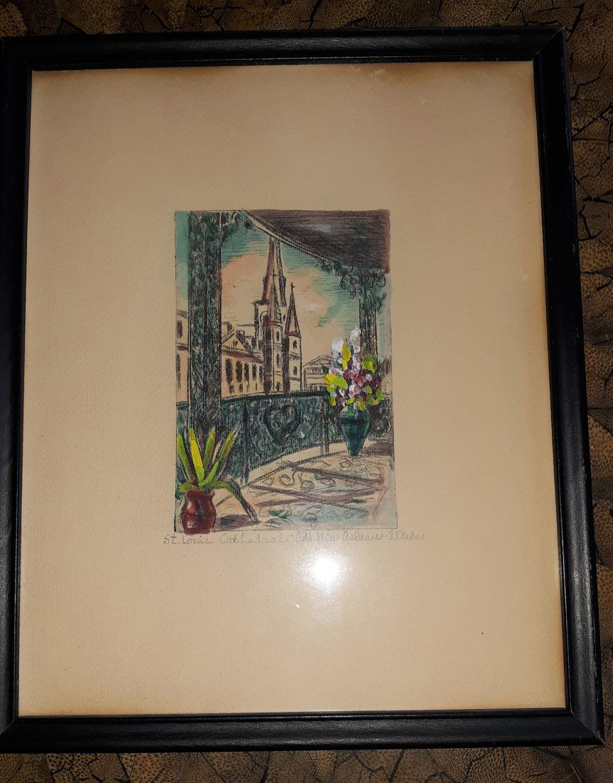 st louis Cathedral  handcolored etching Signed E Oliver (1 of 3)